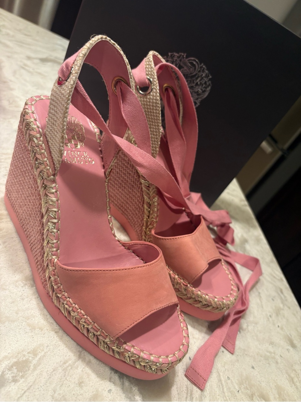 Vince Camuto Pink Espadrille Wedge Sandals with Ribbon Ties